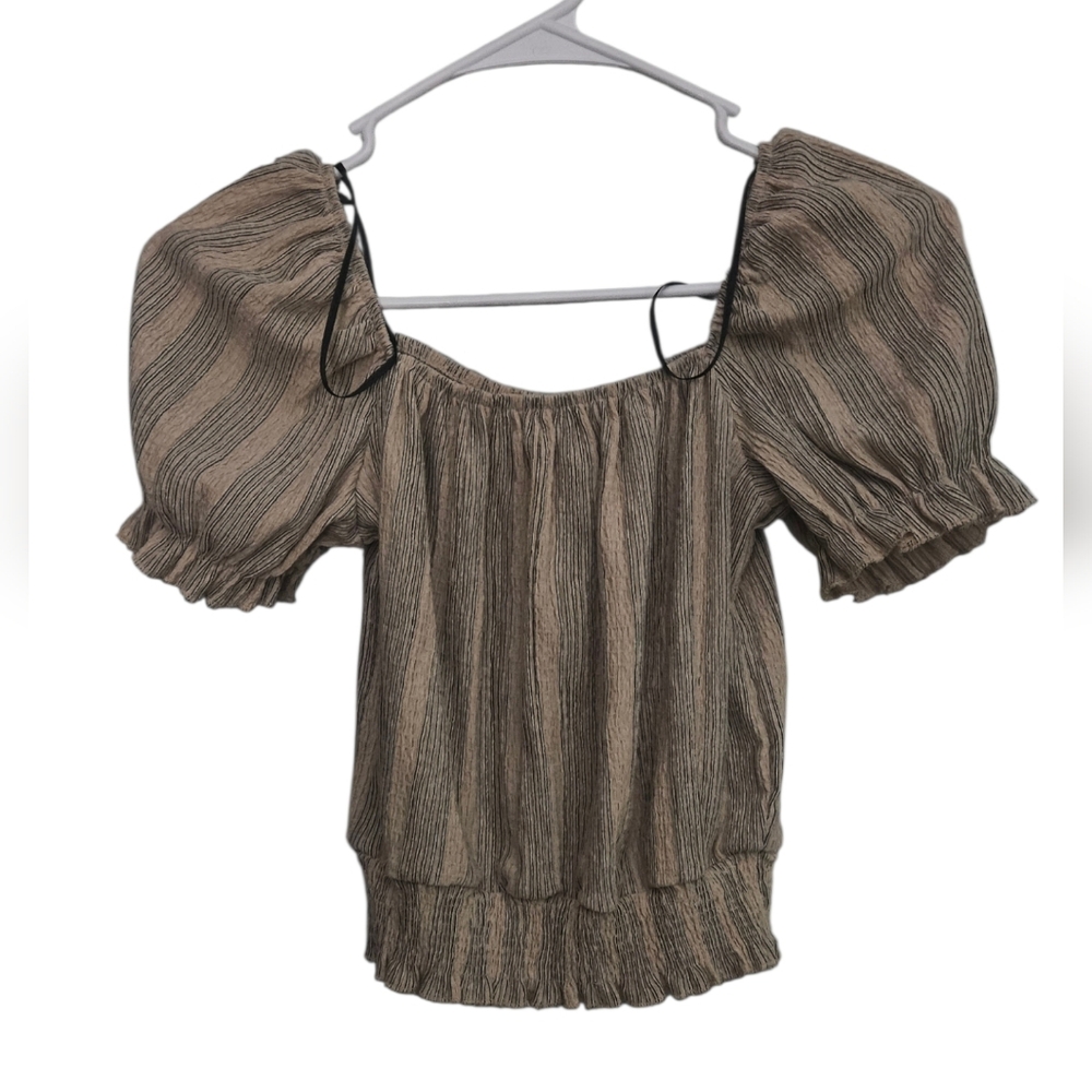 H&M Brown Striped Puff Sleeve Crop Top